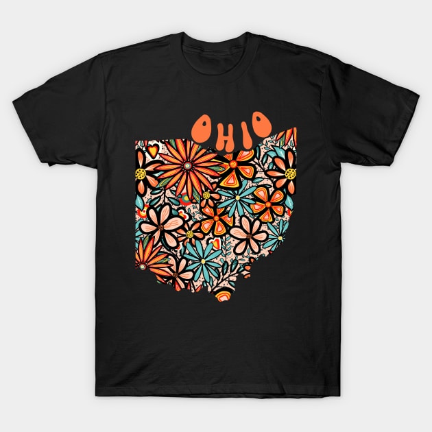 Ohio State Design | Artist Designed Illustration Featuring Ohio State Outline Filled With Retro Flowers with Retro Hand-Lettering T-Shirt by MarcyBrennanArt